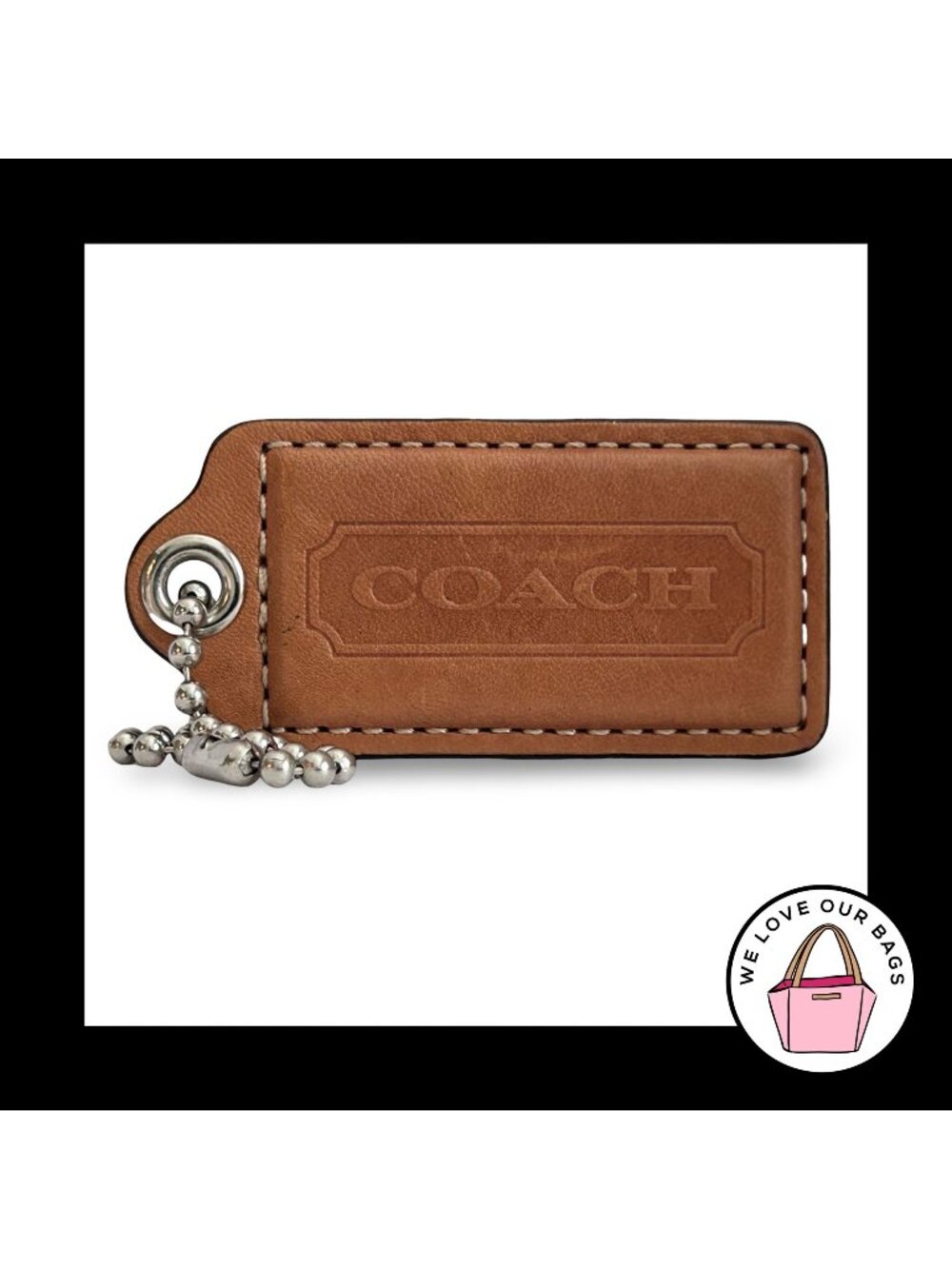 COACH HANG TAG 2.5" Acorn Brown Leather Bag Charm Keychain Fob Nickel Large